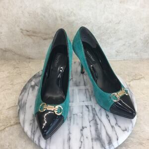 White House Black Market Green-Black Heels w Decorative Buckle Women's Size 6M